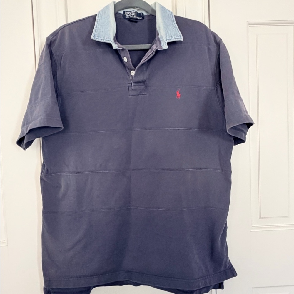 Vintage 90s Denim Collar Polo Ralph Lauren Heavy Polo size Large